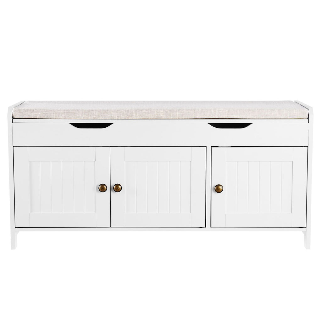 Shoe Bench, 41.3 x 13.8 x 19.8 Inch Entryway Bench with Lift Top Storage and Seat Cushion, 250lbs Shoe Rack with 3 Cabinets and Height Adjustable Shelf, for Bedroom, Hallway, White + Black