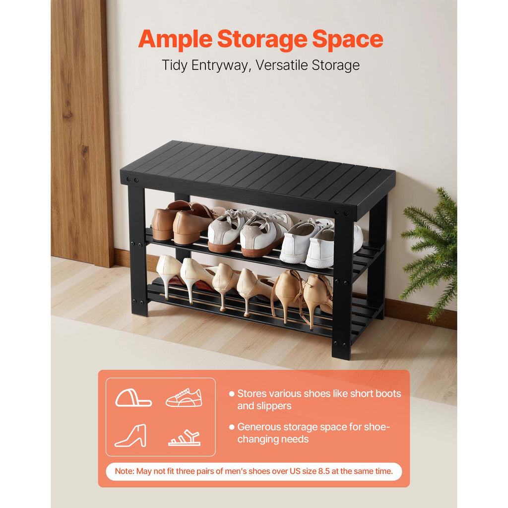 Shoe Rack Bench, 3-Tier Bamboo Entryway Bench, Shoe Storage Organizer Holds Up to 286 lbs, 27.6 x 11.3 x 17.8 Inches, for Front Door, Hallway, Living Room, Bedroom, Black image 2