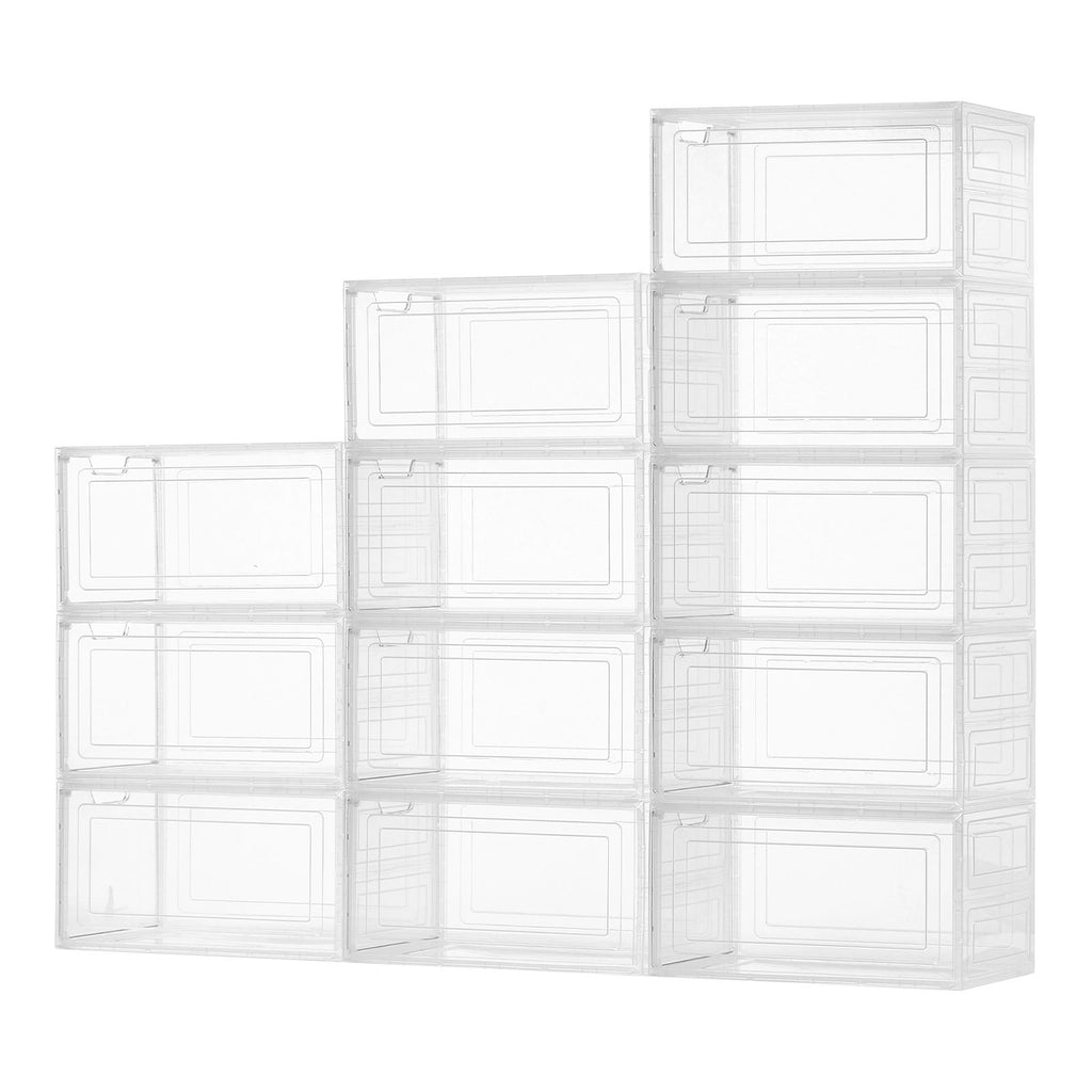 Shoe Storage Boxes, 12 Pack Clear Stackable Shoe Boxes Storage Organizers with Magnetic Door, Fit up to US Size 13, Plastic Sneaker Containers for High Heels, Boots, and Hats, Transparent White