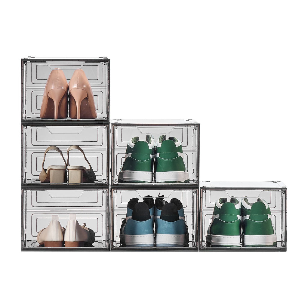 Shoe Storage Boxes, 6 Pack Clear Stackable Shoe Boxes Storage Organizers with Magnetic Door, Fit up to US Size 13, Plastic Sneaker Containers for High Heels, Boots, and Hats, Transparent Black