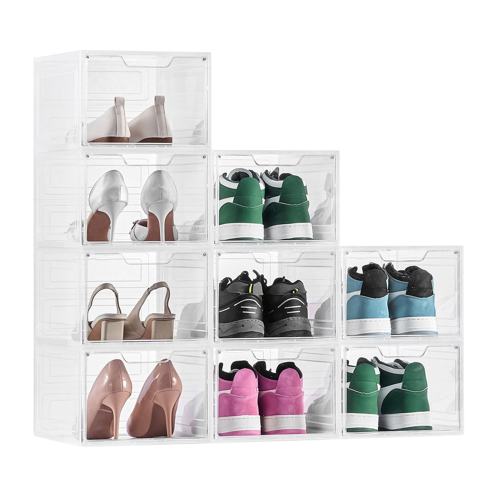 Shoe Storage Boxes, 9 Pack Clear Stackable Shoe Boxes Storage Organizers with Magnetic Door, Fit up to US Size 13, Plastic Sneaker Containers for High Heels, Boots, and Hats, Transparent White