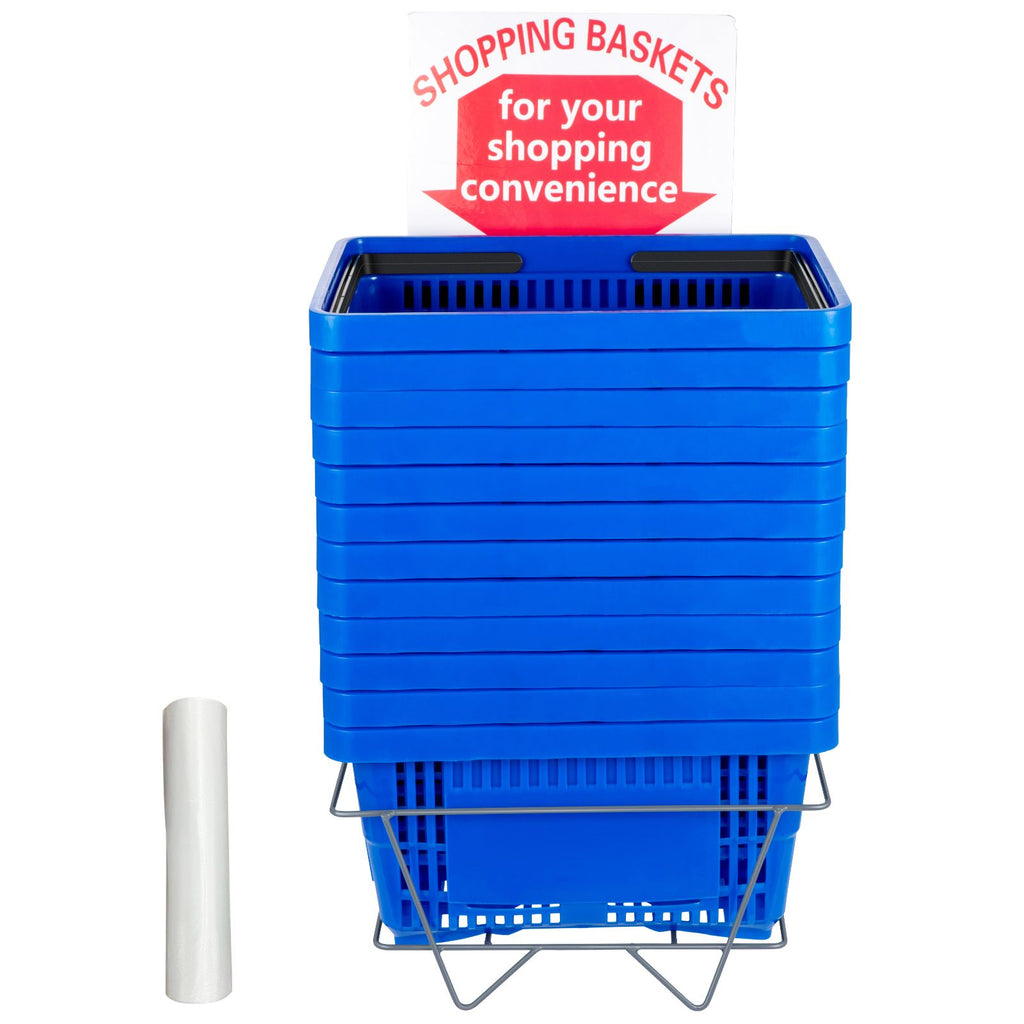 Shopping Basket, 16.9 x 11.8 x 8.7 in/42.8 x 30 x 22 cm((L x W x H), Plastic Handle and Iron Stand, Set of 12 Store Baskets with Durable PE Material Used for Supermarket, Retail, Bookstore, Blue