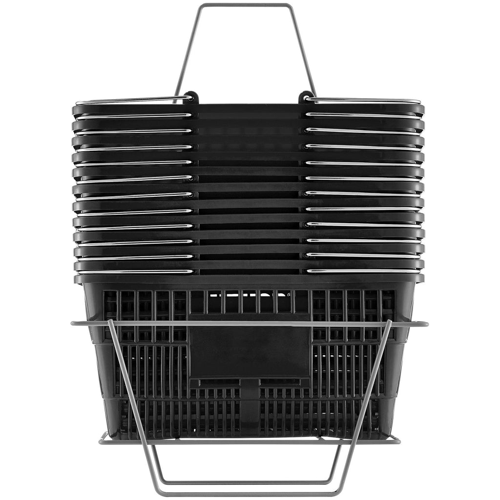 Shopping Basket, Set of 12, 21L Durable Plastic Grocery Basket with Metal Handle and Stand, 16.73 x 12.01 x 8.58 inch Portable Shop Basket for Retail Store Supermarket Grocery Shopping, Black