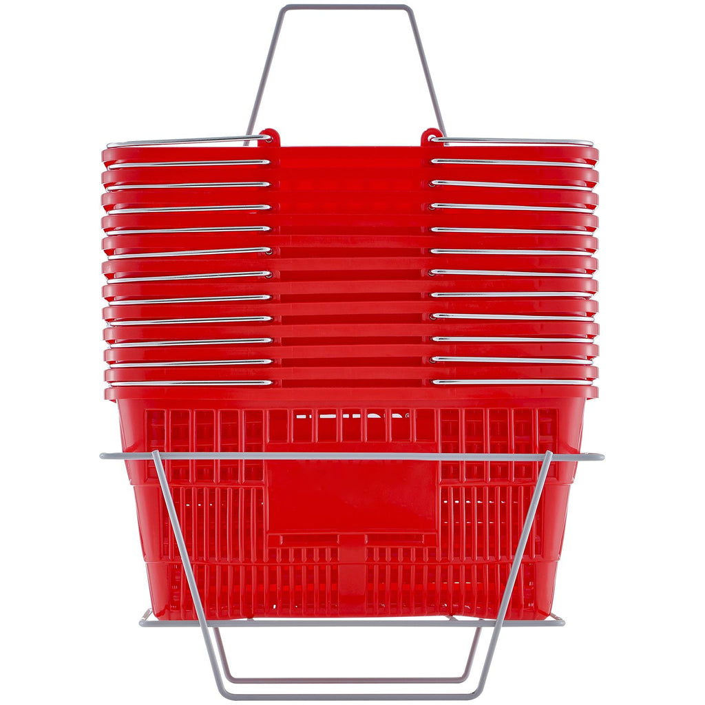 Shopping Basket, Set of 12, 21L Durable Plastic Grocery Basket with Metal Handle and Stand, 16.73 x 12.01 x 8.58 inch Portable Shop Basket Used for Retail Store Supermarket Grocery Shopping, Red