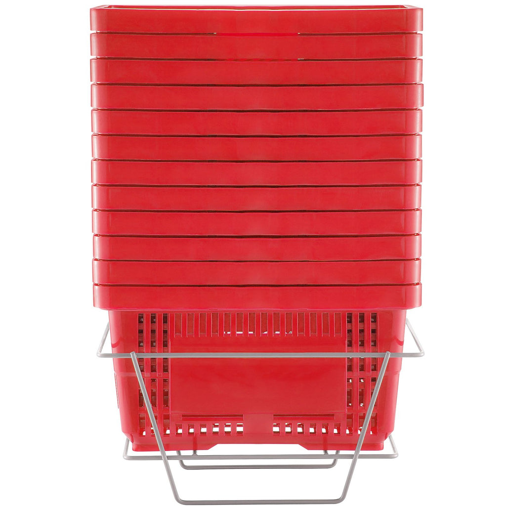 Shopping Basket, Set of 12, 24L Durable Plastic Grocery Basket with Handle and Stand, 16.73 x 11.61 x 8.86 inch Portable Shop Basket Bulk Used for Retail Store Supermarket Grocery Shopping, Red
