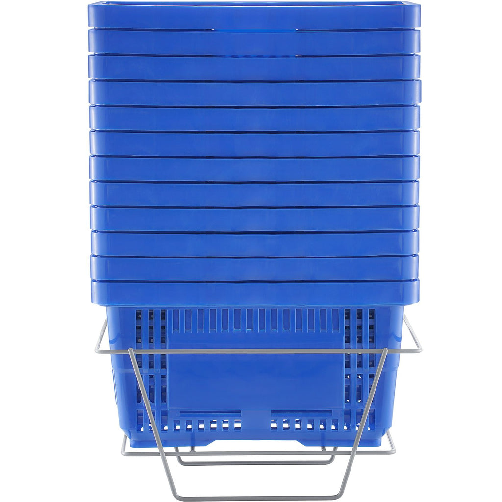Shopping Basket, Set of 12, 24L Durable Plastic Grocery Basket with Handle and Stand, 16.73 x 11.61 x 8.86 inch Portable Shop Basket Bulk Used for Retail Store Supermarket Grocery Shopping, Blue