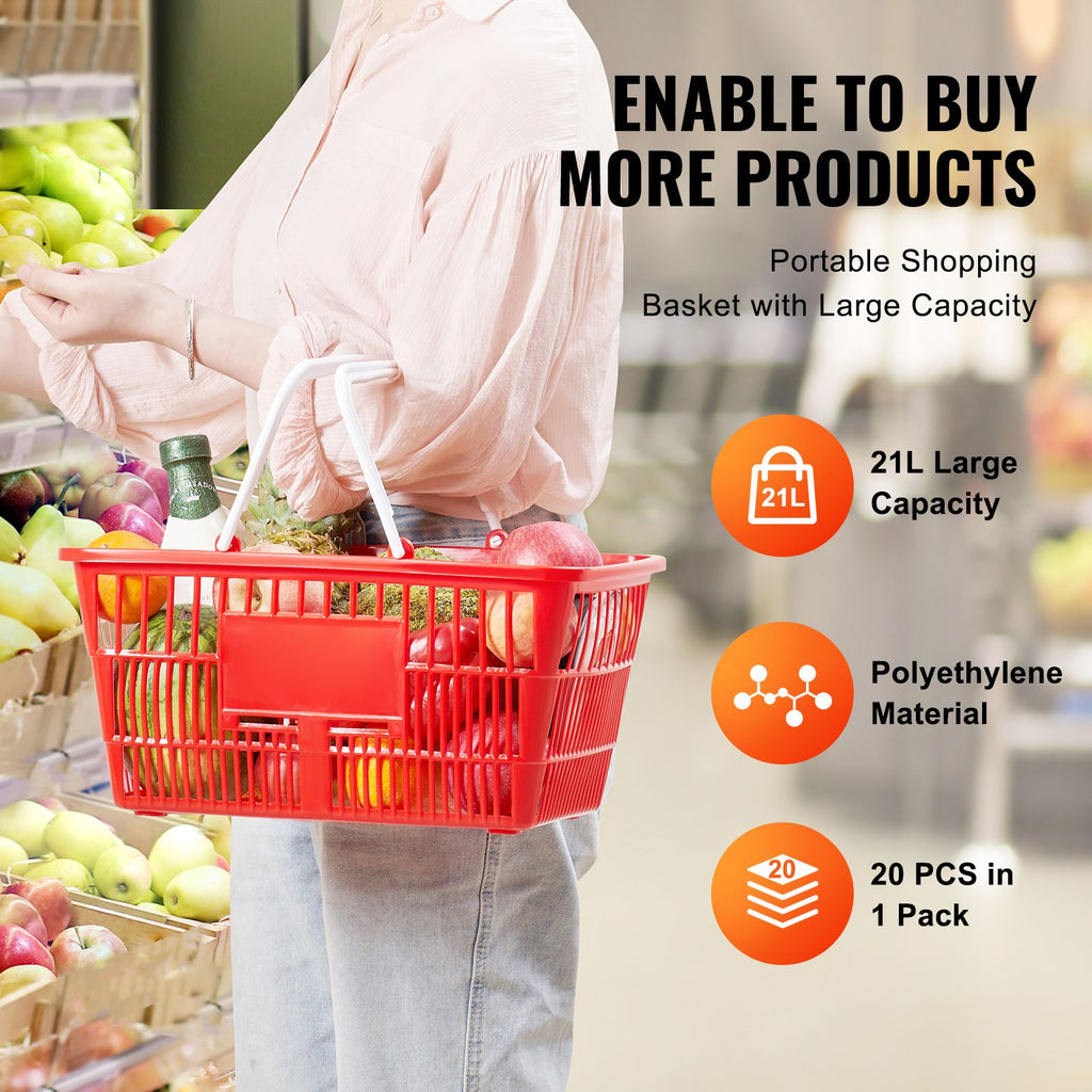 Shopping Basket, Set of 20, 21L Durable Plastic Grocery Basket with Handle and Stand, 16.5 x 11.8 x 8.27 inch Portable Shop Basket Bulk Used for Retail Store Supermarket Grocery Shopping, Red image 2