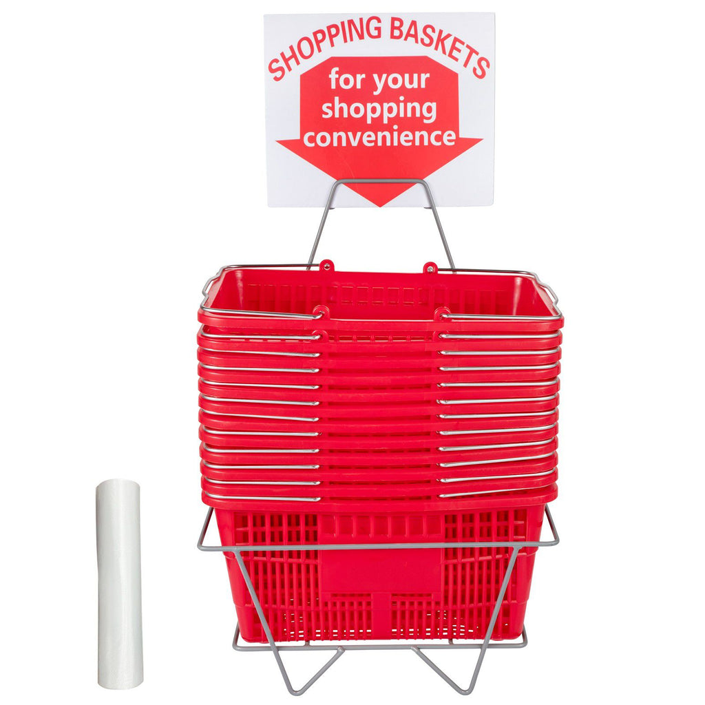Shopping Baskets, 12-Pack, Red, Sturdy Polyethylene with Handles and Stand, Size: 16.9"L x 11.8"W x 8.07"H, Suitable for Stores & Groceries - Capacity: 21 L/5.6 Gal