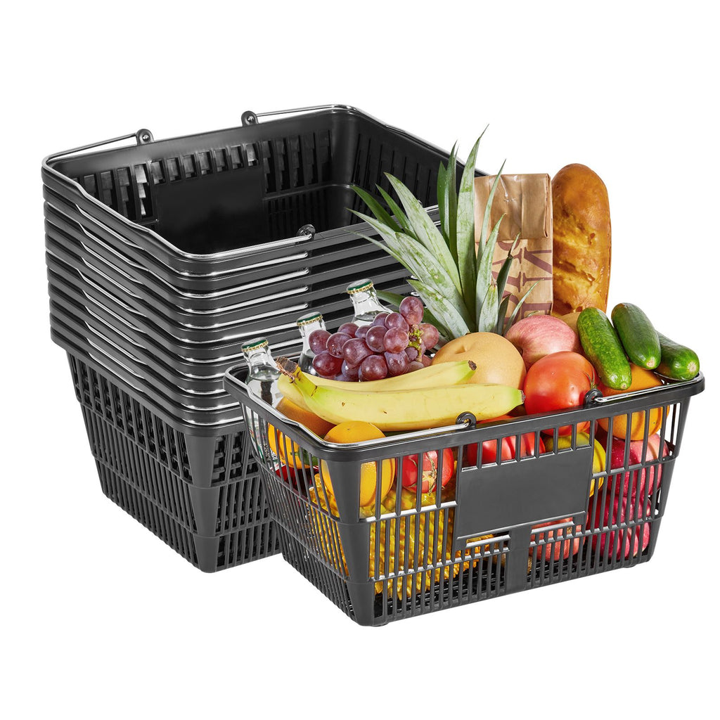 Shopping Baskets, 12 PCS, 21L Stackable PE Plastic Grocery Baskets with Handles, Dense Mesh Structure, Holds up to 20 lbs, Portable for Grocery, Retail, Stores, Supermarket, Home Use, Black