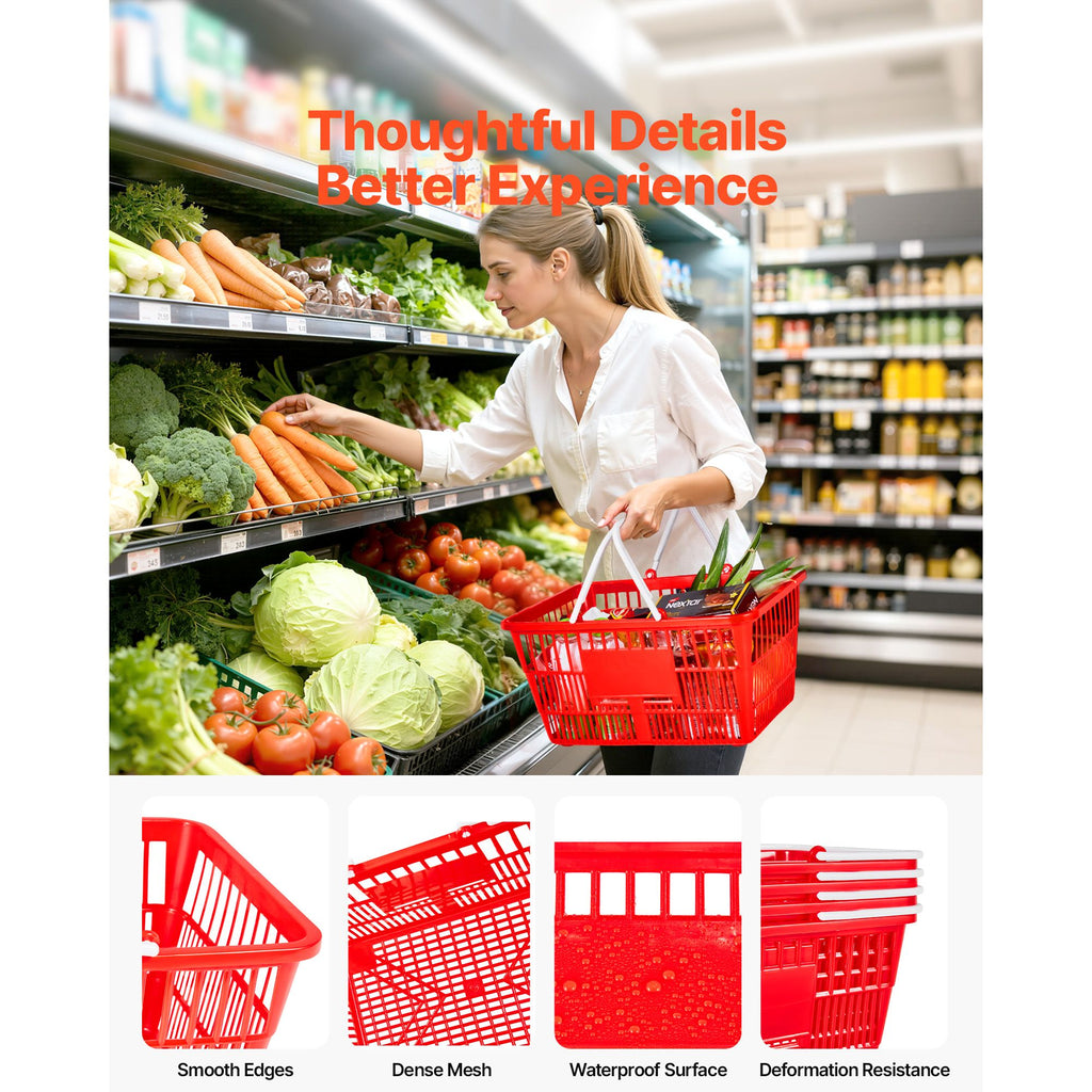 Shopping Baskets, 12 PCS, 21L Stackable PE Plastic Grocery Baskets with Handles, Dense Mesh Structure, Holds up to 20 lbs, Portable for Grocery, Retail, Stores, Supermarket, Home Use, Red