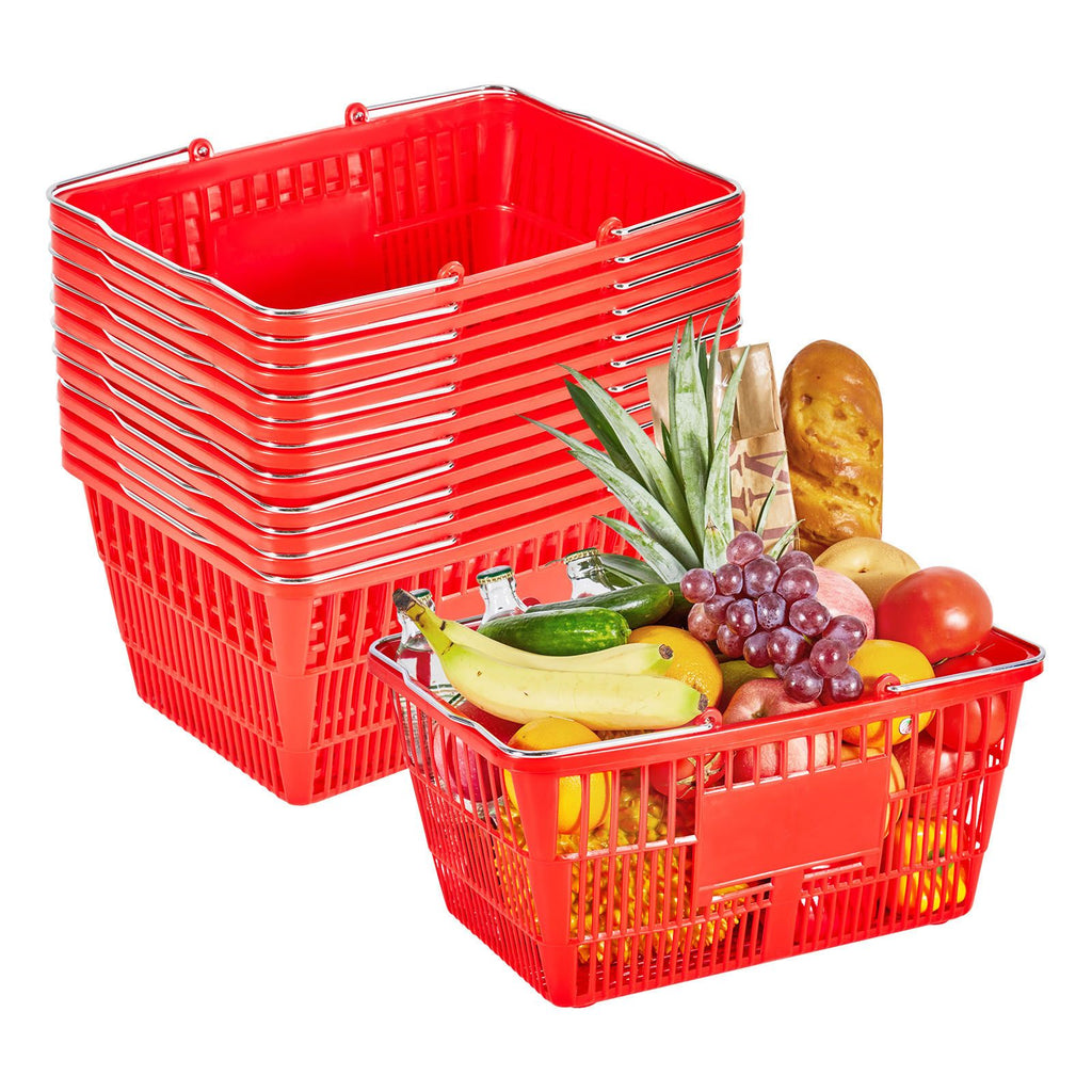 Shopping Baskets, 12 PCS, 21L Stackable PE Plastic Grocery Baskets with Metal Handles, Dense Mesh Structure, Holds up to 20 lbs, Portable for Grocery, Retail, Stores, Supermarket, Home Use, Red