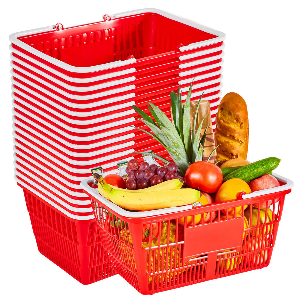 Shopping Baskets, 20 PCS, 21L Stackable PE Plastic Grocery Baskets with Handles, Dense Mesh Structure, Holds up to 20 lbs, Portable for Grocery, Retail, Stores, Supermarket, Home Use, Red