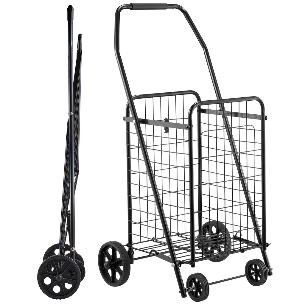 Shopping Cart, Folding Grocery Utility Cart with Swivel Wheels, 90 LBS Large Load Capacity, Heavy Duty Rolling Laundry Basket Butler for Laundry, Shopping, Camping, Grocery, Luggage, Black