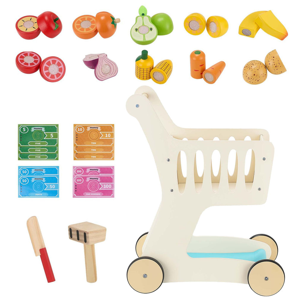 Shopping Cart for Kids, Wooden, Toy Shopping Cart with Extra Storage, Realistic Play Food and Scanner, Grocery Store Pretend Play Toy Trolley, Baby Push Learning Walker, for Toddlers Ages 3+