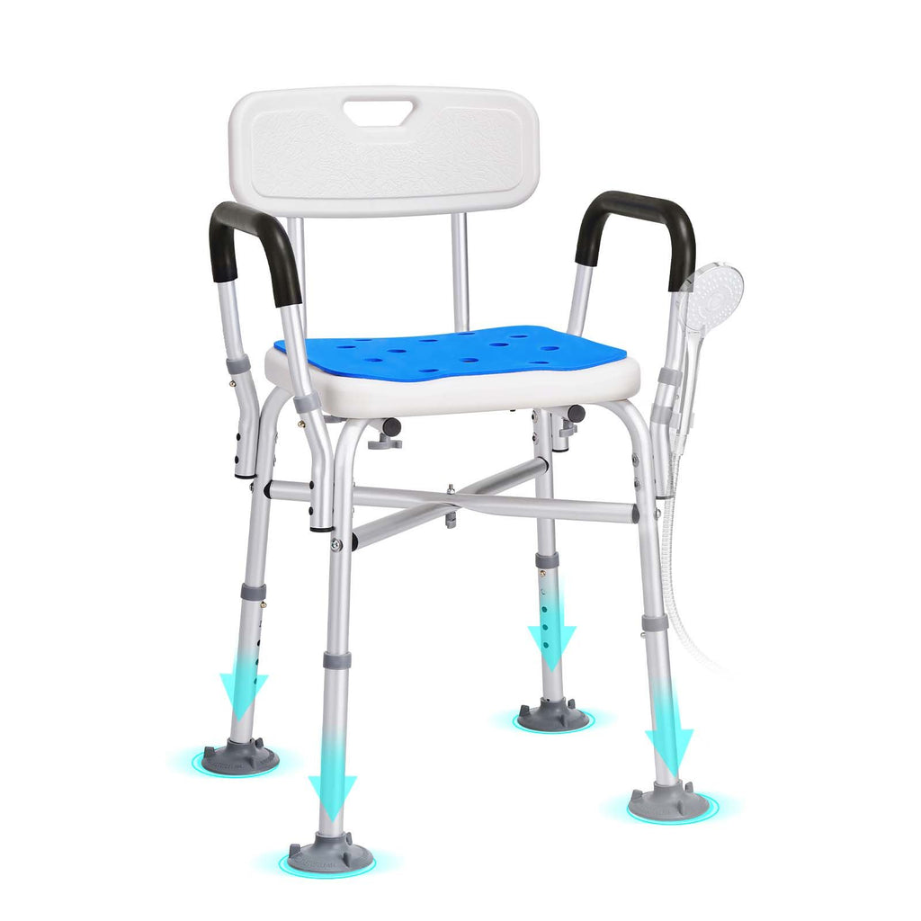 Shower Chair Seat with Padded Arms and Back, Shower Stool with Reinforced CrossBar, Adjustable Height Bench Bath Chair for Elderly Disabled, Shower Chair for Inside Shower Bathtub, 400 lbs