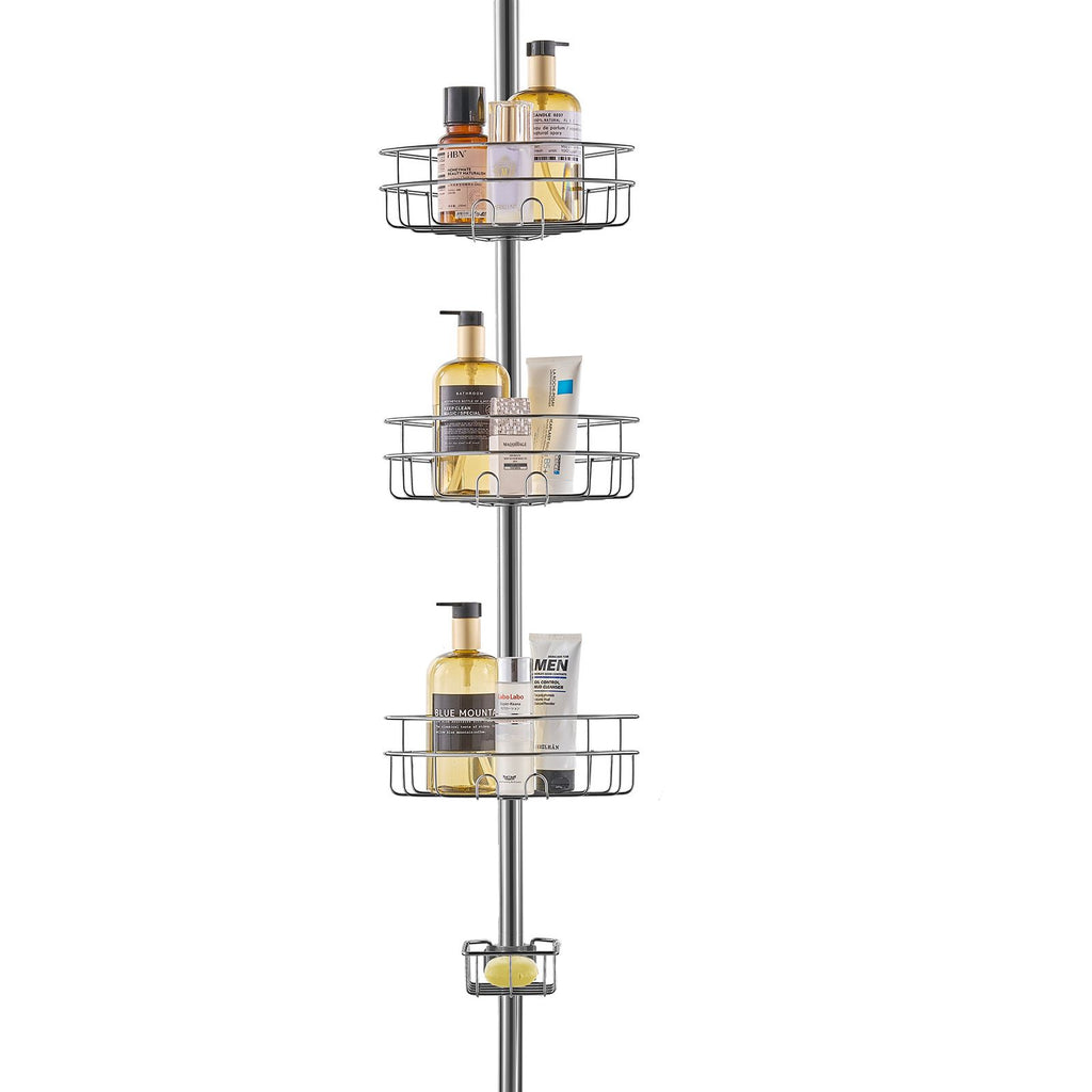 Shower Corner Caddy Tension Pole, 39" to 125" High, Multi-Functional Shower Tension Pole with Strong Load-Bearing Tray, Rust-Proof Easy-to-Install Tension Pole, Fit for Bathroom & Washroom