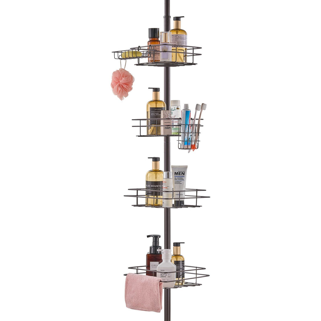 Shower Corner Caddy Tension Pole, 42" to 114" High, Multi-Functional Shower Tension Pole with Strong Load-Bearing Tray, Rust-Proof Easy-to-Install Tension Pole, Fit for Bathroom & Washroom