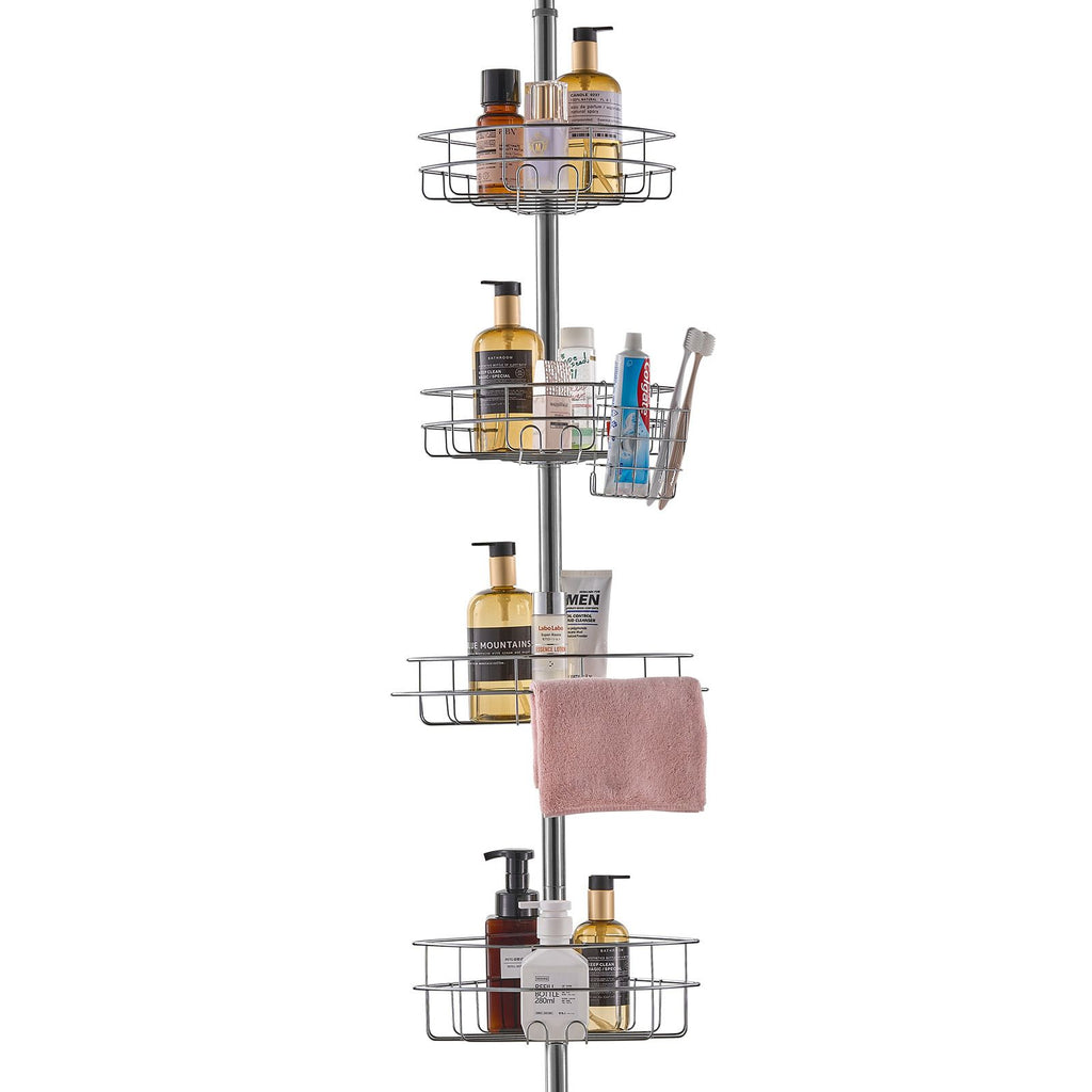 Shower Corner Caddy Tension Pole, 56" to 114" High, Multi-Functional Shower Tension Pole with Strong Load-Bearing Tray, Rust-Proof Easy-to-Install Tension Pole, Fit for Bathroom & Washroom