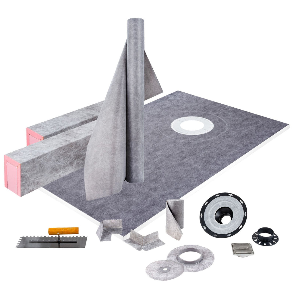 Shower Curb Kit, 38"x60" Watertight Shower Curb Overlay with 4\" ABS Offset Bonding Flange, 4\" Stainless Steel Grate, 2 Cuttable Shower Curb and Trowel, Shower Pan Slope Sticks Fit for Bathro