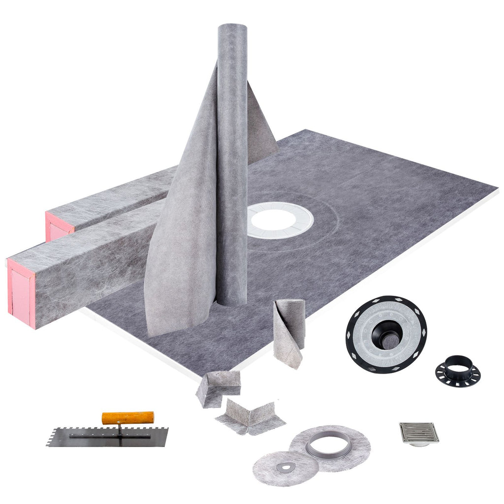 Shower Curb Kit, 38\"x60\" Watertight Shower Curb Overlay with 4\" PVC Central Bonding Flange, 4\" Stainless Steel Grate, 2 Cuttable Shower Curb and Trowel, Shower Pan Slope Sticks Fit for Bathr