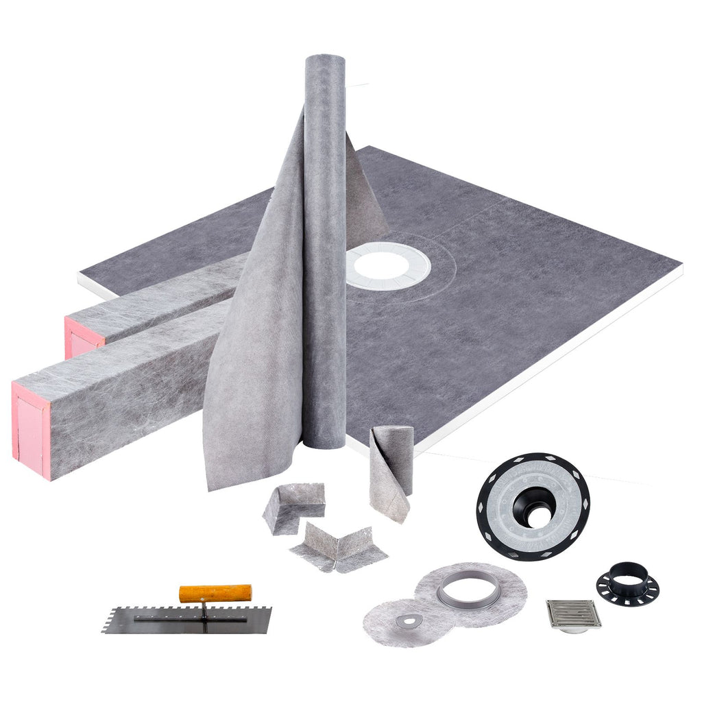 Shower Curb Kit, 48\"x48\" Watertight Shower Curb Overlay with 4\" PVC Central Bonding Flange, 4\" Stainless Steel Grate, 2 Cuttable Shower Curb and Trowel, Shower Pan Slope Sticks Fit for Bathr