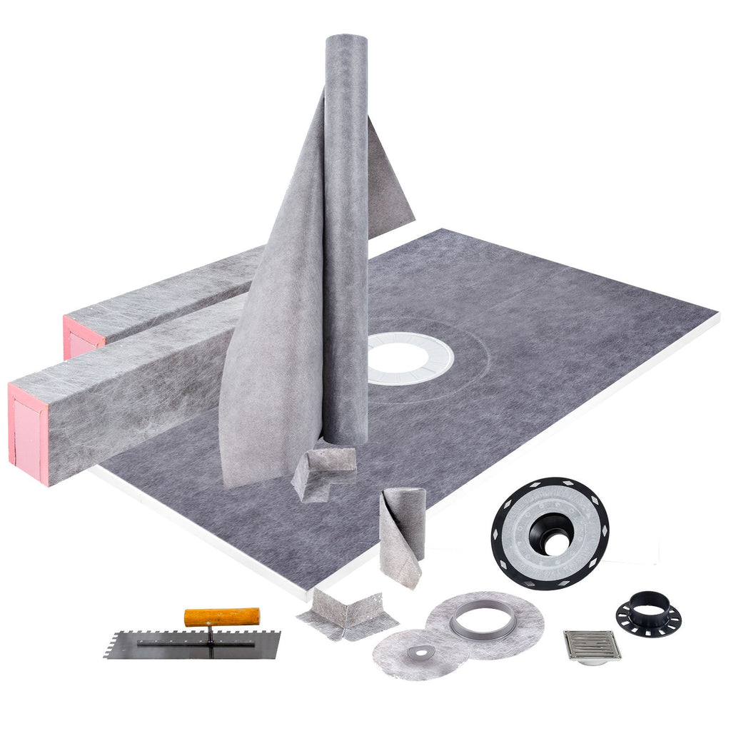 Shower Curb Kit, 48\"x72\" Watertight Shower Curb Overlay with 4\" PVC Central Bonding Flange, 4\" Stainless Steel Grate, 2 Cuttable Shower Curb and Trowel, Shower Pan Slope Sticks Fit for Bathr