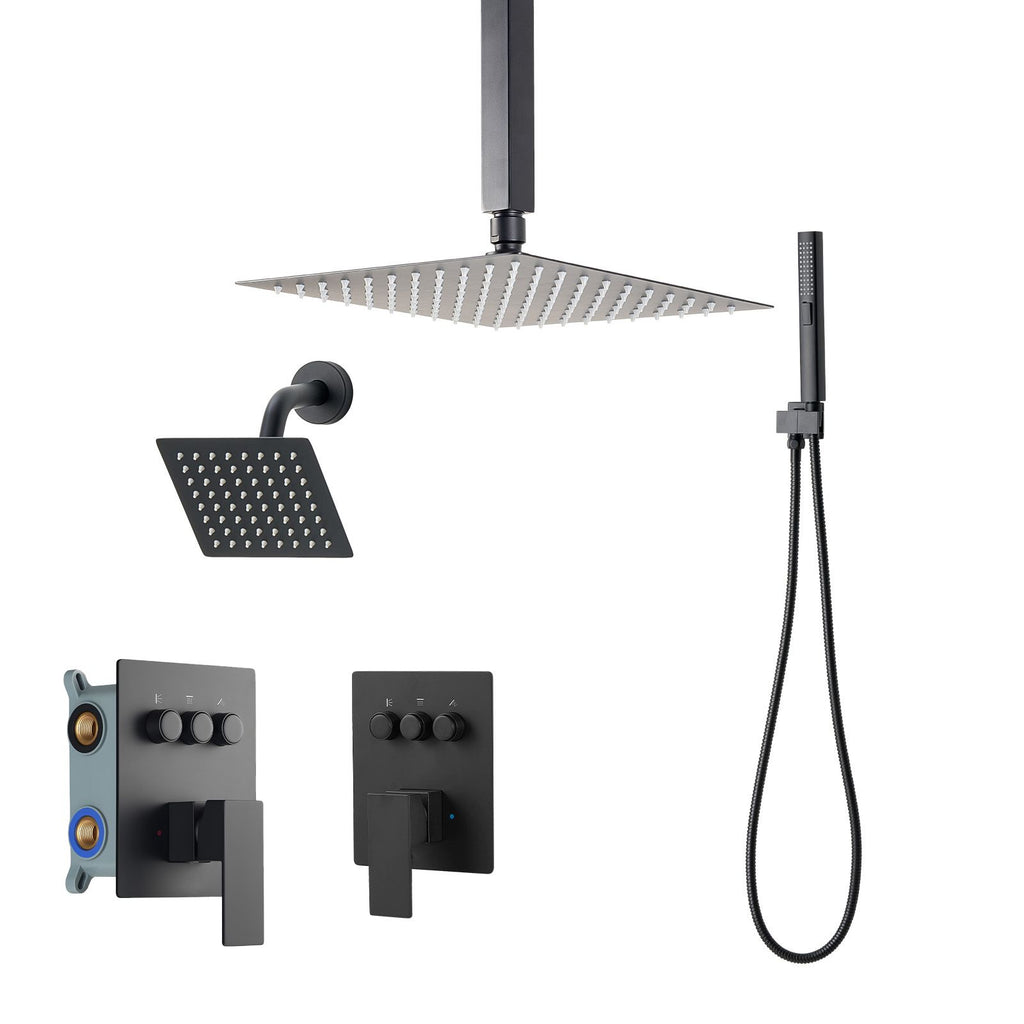 Shower Faucet Set, 10 Inch Ceiling Mount Rainfall Shower System with 6 Inch Wall Mount Head and 2 in 1 Handheld Spray, Rotatable 3-Function Dual Rain Head Brass Valve and Trim Kit, Matte Black