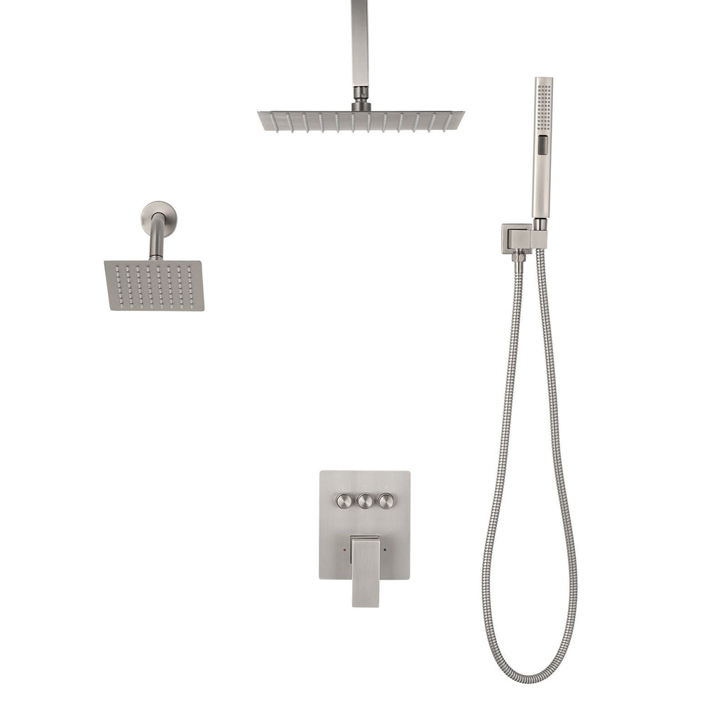 Shower Faucet Set, 10 Inch Ceiling Mount Rainfall Shower System with 6 Inch Wall Mount Head and 2 in 1 Handheld Spray, Rotatable 3-Function Dual Rain Head Brass Valve & Trim Kit, Brushed Nickel
