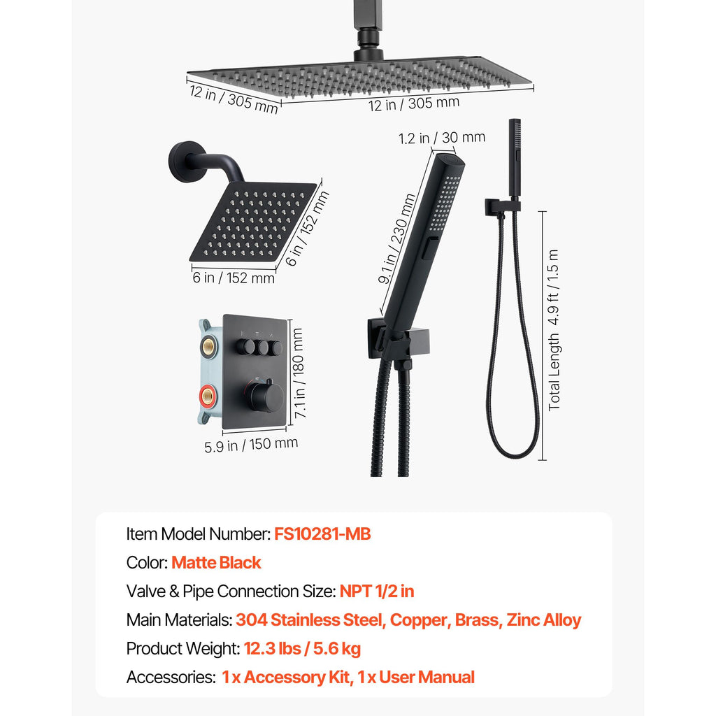Shower Faucet Set, 12 Inch Thermostatic Ceiling Mount Rainfall Shower System with 6 Inch Wall Mount Head and 2 in 1 Handheld Spray, 3-Function Dual Rain Head Brass Valve & Trim Kit, Matte Black