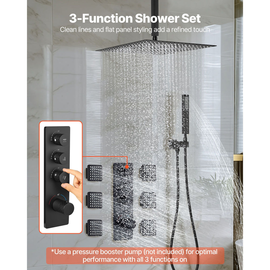 Shower Faucet Set, 16 Inch Thermostatic Ceiling Mount Rainfall Shower System with 6 Body Jets and Handheld Spray, Rotatable 3-Function Rain Head Complete Brass Valve and Trim Kit, Matte Black image 2
