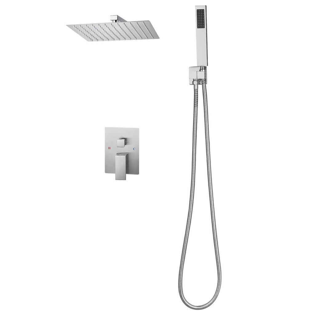 Shower Faucet Set, Rainfall Bathroom Shower System with 12-Inch Square Rain Shower Head and Handheld Spray, Wall Mounted Bath Fixtures with Brass Valve and Trim Kit, Brushed Nickel