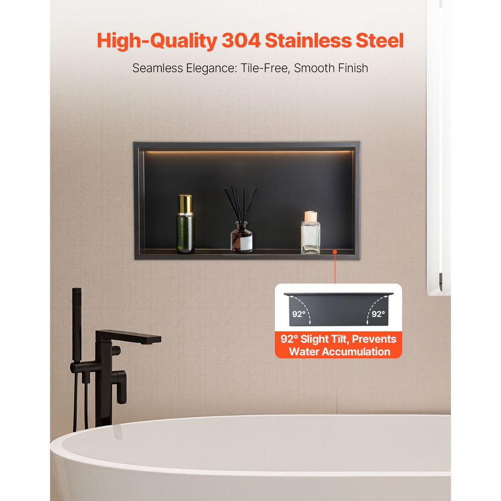 Shower Niche, 13 x 25 x 4 inch Recessed Wall Niche With LED Strip,Heavy-duty Stainless Steel Modern Shampoo Storage Organizer,Sealed Waterproof, Durable & Easy to Install,Black for Bathroom