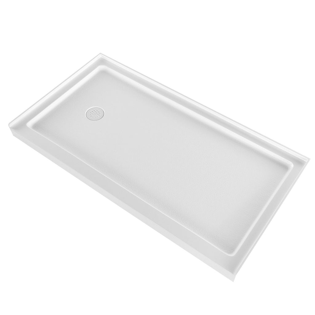 Shower Pan, 60″ L x 32″ W Single Threshold Shower Base, Rectangle Acrylic & PVC Showering Base in White, Slip-Resistant Showering Pan Bases with Drain & Cover for Bathroom, Left Drain Location