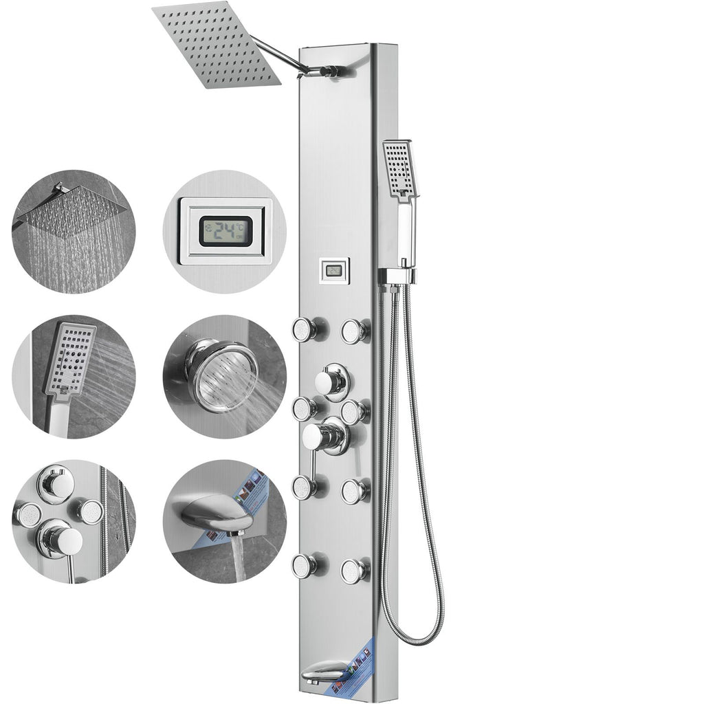 Shower Panel System, 5 Shower Modes, Digital Display Shower Panel Tower, Rainfall, 8 Massage Jets, Tub Spout, 3-Setting Handheld Shower Head 59" Hose, Stainless Steel Wall-Mounted Shower Set