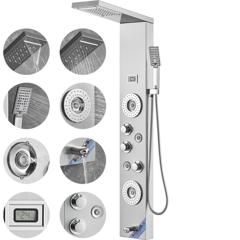 Shower Panel System, 6 Shower Modes, LED & Display Shower Panel Tower, Rainfall, Waterfall, 4 Body Massage Jets, Tub Spout, Handheld Shower Head 59" Hose, Stainless Steel Wall-Mounted Shower Set