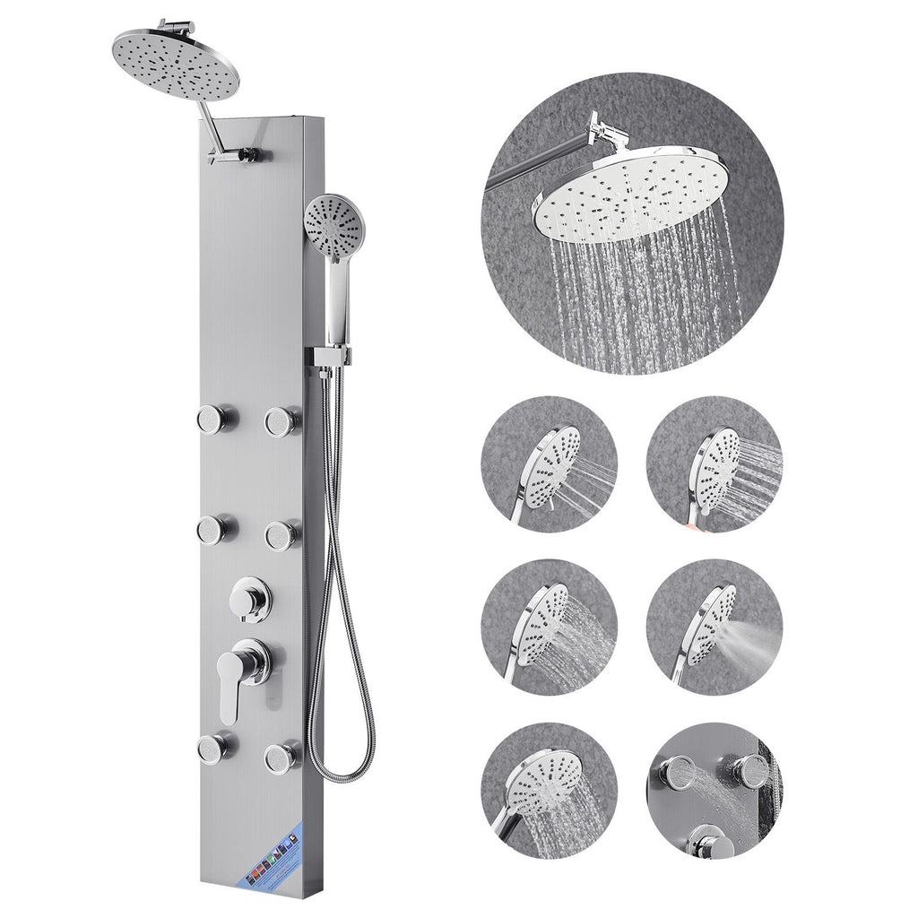 Shower Panel Tower System with Rainfall Shower Head, 49 in Brushed Stainless Steel Shower Column, 3-Function Faucet, High Pressure Wall-Mount Rain Massage System with 6 Body Jets and Handheld
