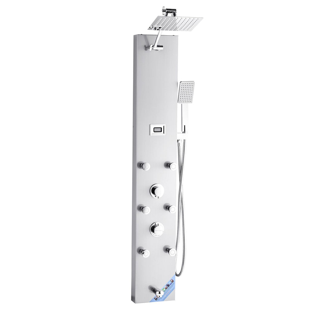 Shower Panel Tower System with Rainfall Shower Head, LED, 49 in Brushed Stainless Steel Shower Column, 4-Function Faucet, Wall-Mount Rain Massage System with 6 Body Jets, Handheld, and Tub Spout