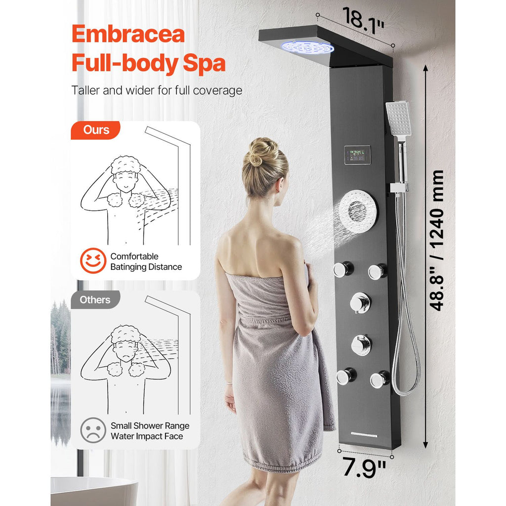 Shower Panel Tower System with Rainfall Shower Head, LED, 53 in Brushed Stainless Steel Shower Column, 6-Function Faucet, Wall-Mount Rain Massage System with 5 Body Jets, Handheld, Tub Spout image 2