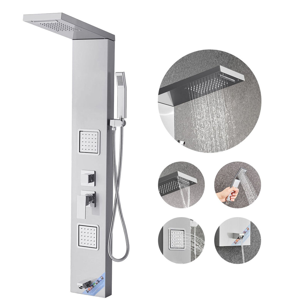 Shower Panel Tower System with Rainfall Waterfall Shower Head, 53 in Brushed Stainless Steel Shower Column, 5-Function Faucet, Wall-Mount Rain Massage System with 2 Body Jet, Handheld, Tub Spout