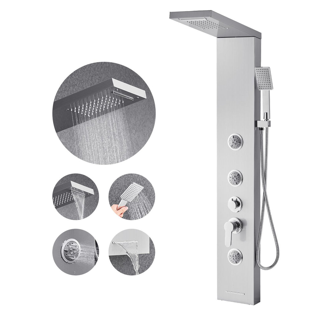 Shower Panel Tower System with Rainfall Waterfall Shower Head, 53 in Brushed Stainless Steel Shower Column, 5-Function Faucet, Wall-Mount Rain Massage System with 3 Body Jet, Handheld, Tub Spout