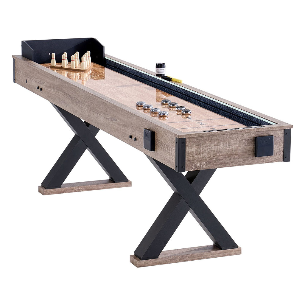 Shuffleboard Table, 9 ft LED Light Up Shuffleboard for Family Game Room, 2 in 1 Shuffleboard and Bowling Combo Game Set, with Scratch-Resistant Playfield, Legs, 8 Pucks, Bowling Set, Wax, Brush