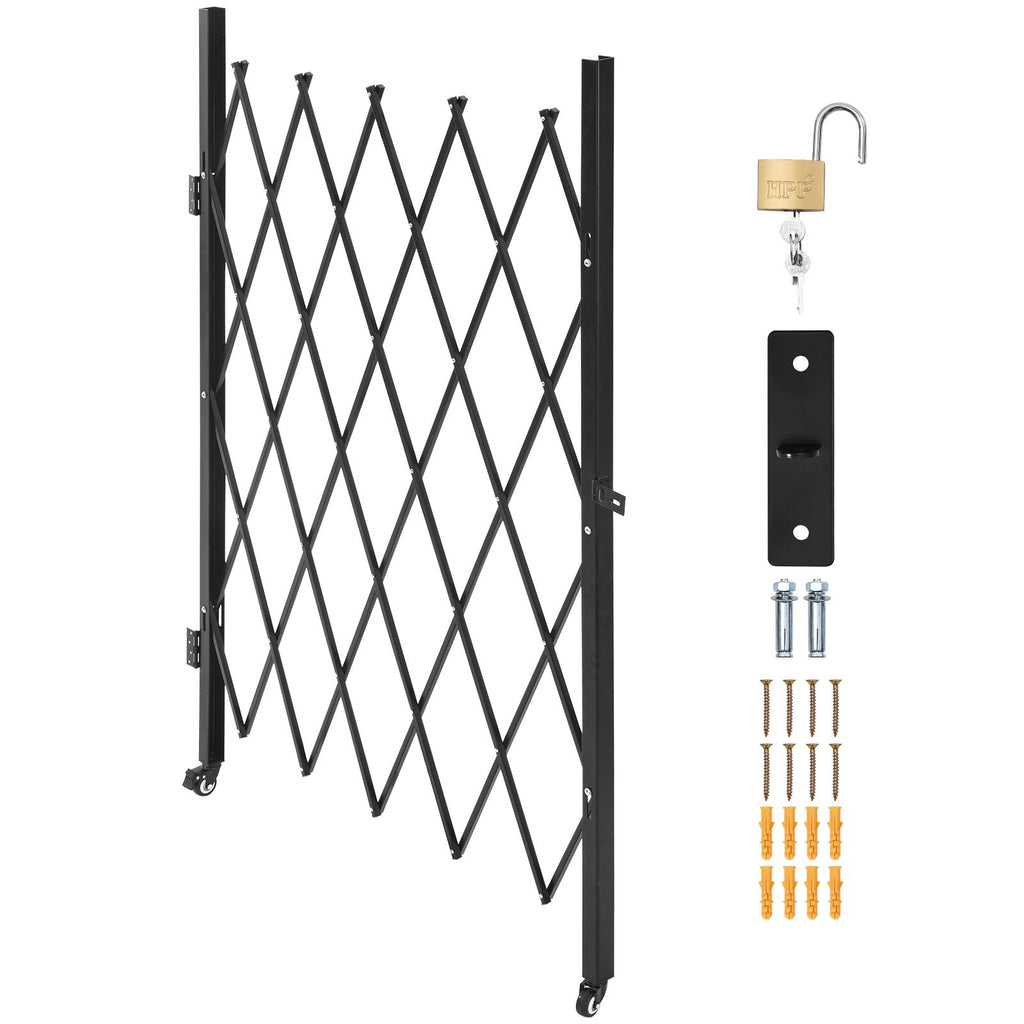 Single Folding Security Gate, Lockable Scissor Gate with 360° Swivel Casters, Outdoor Barricade Steel Retractable Gates, for Entry Security, Garage, Warehouse & Pool, 49.61 x 77.76 in (W x H)
