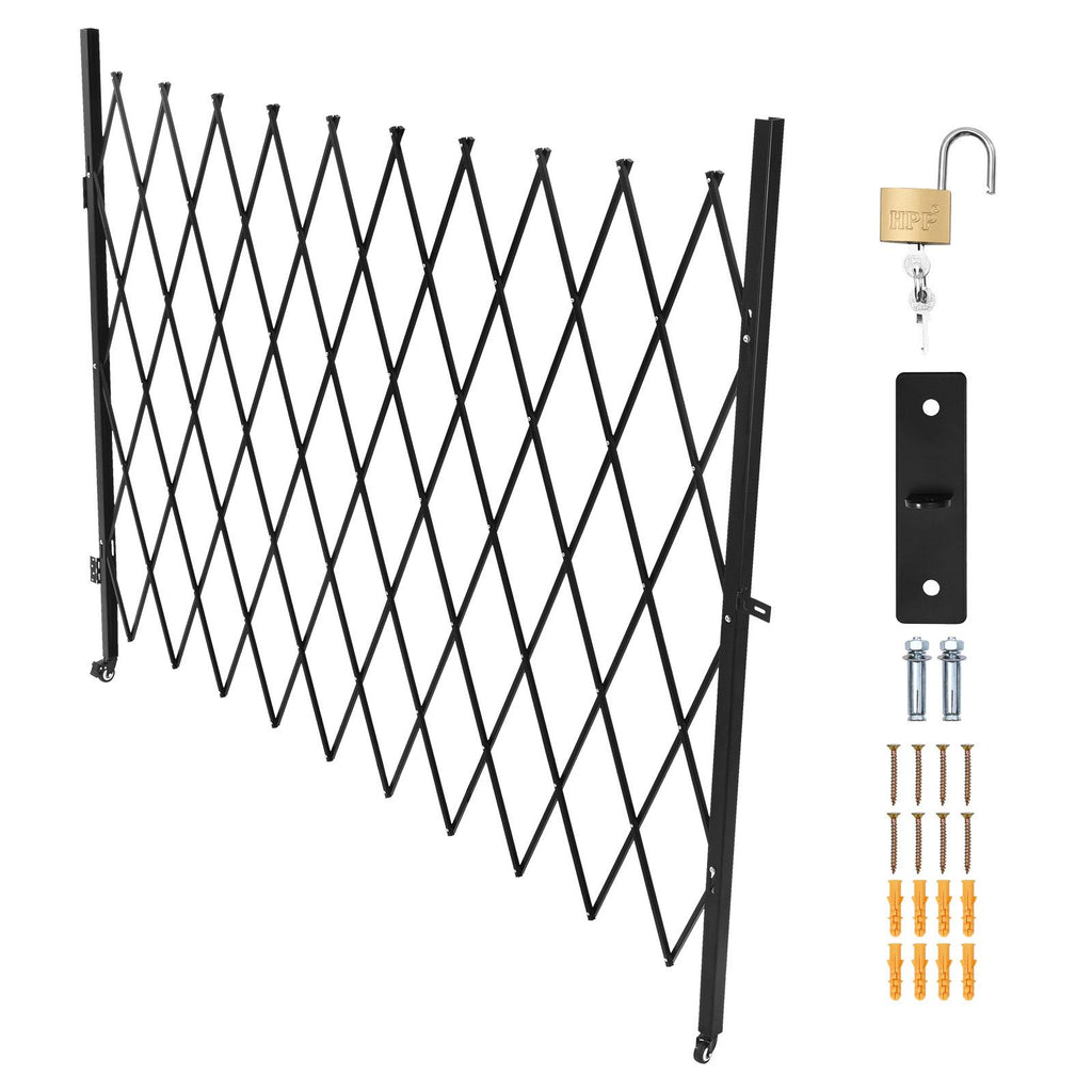 Single Folding Security Gate, Lockable Scissor Gate with 360° Swivel Casters, Outdoor Barricade Steel Retractable Gates, for Entry Security, Garage, Warehouse & Pool, 94.49 x 86.81 in (W x H)