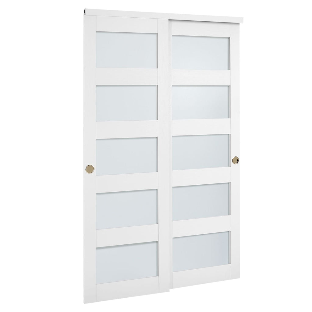 Sliding Closet Door, 48" (Double 25") x 80", 5-Lite Frosted Glass Bypass Sliding Doors with Hardware Kit & Floor Guide, Solid Wood & MDF Slab with Waterproof PVC Surface for Closets Bedrooms