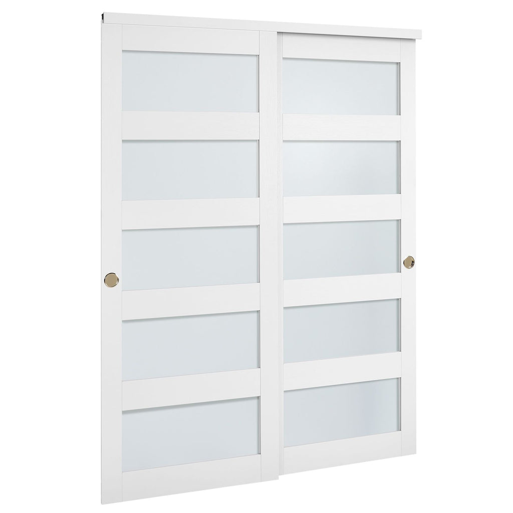 Sliding Closet Door, 60" (Double 31") x 80", 5-Lite Frosted Glass Bypass Sliding Doors with Hardware Kit & Floor Guide, Solid Wood & MDF Slab with Water-Proof PVC Surface for Closets Bedrooms
