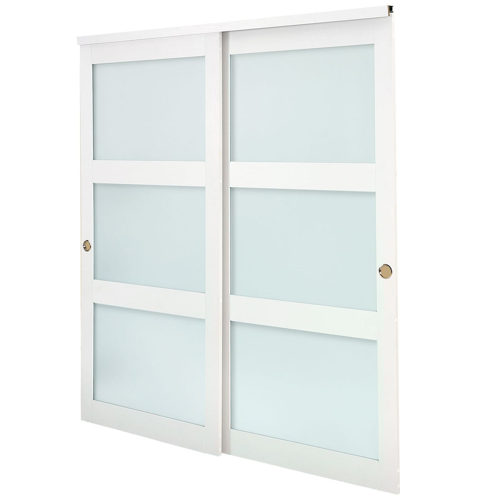 Sliding Closet Door, 72" (Double 37") x 80", 3-Lite Frosted Glass Bypass Sliding Doors with Hardware Kit & Floor Guide, Solid Wood & MDF Slab with Water-Proof PVC Surface for Closets Bedrooms
