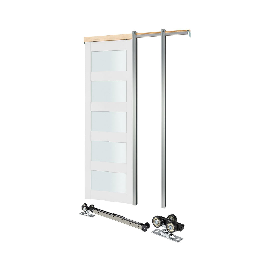 Sliding Pocket Door, 30" x 80", 5-Lite Frosted Glass Single Sliding Door with Hardware Kit, Sturdy Solid Wood & MDF Pocket Doors Slab with Waterproof Surface for Bedroom Kitchen Study Room