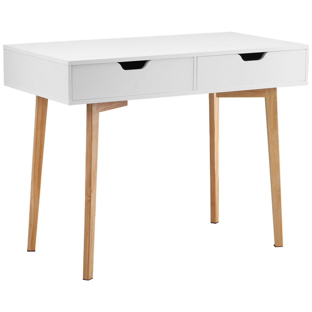 Small Desk with Drawers, Kids Desk for Bedroom, Wooden Simple Study Table for Drawing, Reading, Writing, Rectangle MDF Furniture Study Storage Table for Home, Office, White + Wood
