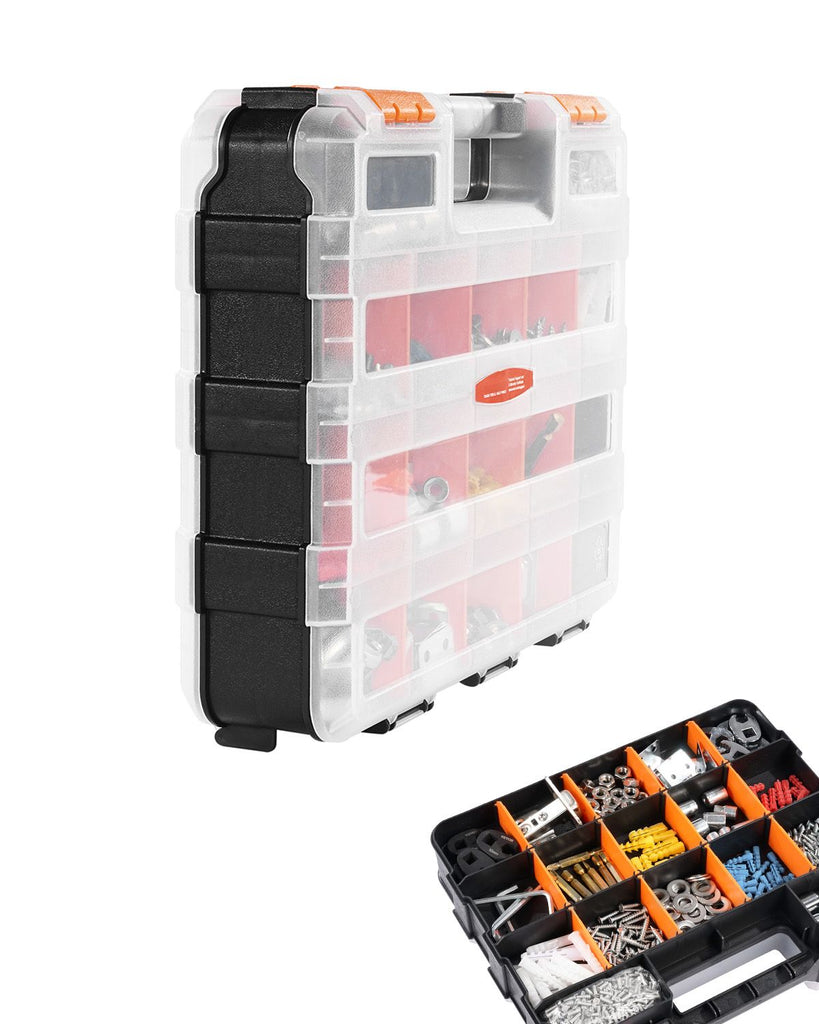 Small Parts Organizer, 34-Compartment Double Side Tools Organizer Box with 24 Removable Dividers, PP Hardware Storage Box with Safety Latch & Portable Handle for Nuts, Bolts, Screws, Nails