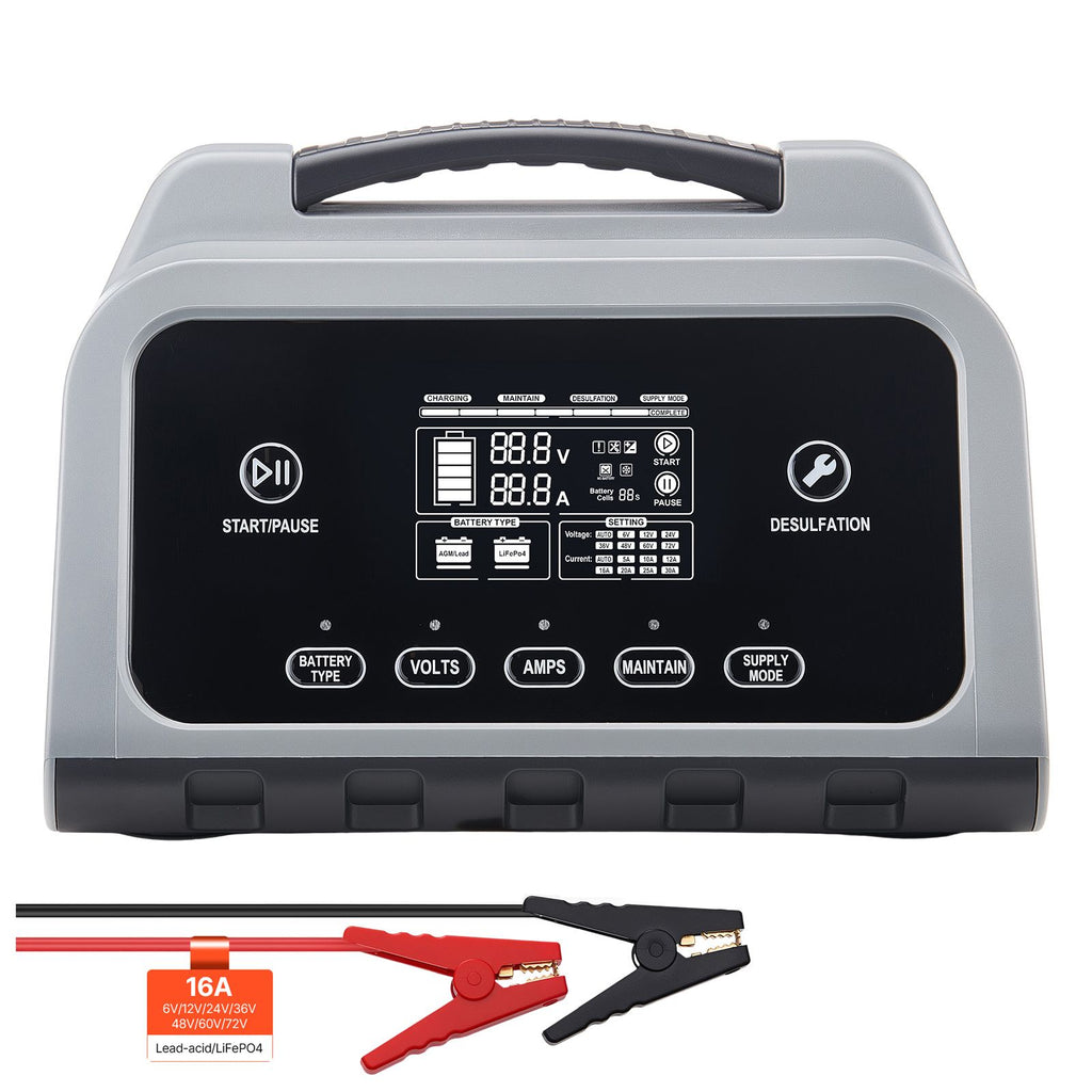 Smart Battery Charger, 16A, 6V 12V 24V 36V 48V 60V 72V Lithium LiFePO4 Lead-Acid (Gel/AGM) Car Battery Charger, with LCD Display, Trickle Charging Maintainer Desulfator, for Car Boat Motorcycle